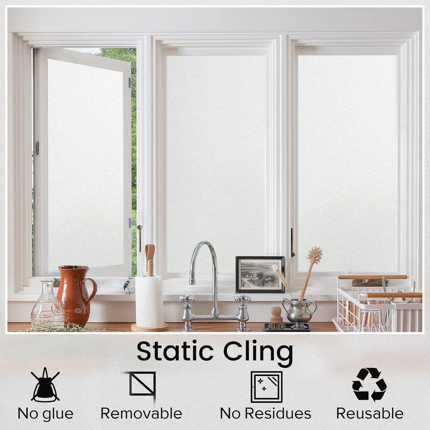 rabbitgoo Window Films for Privacy, Static Cling Frosted Glass Sticker, Non-Adhesive Privacy Film Sun Blocking Window Covering Frosting Vinyl Bathroom Sliding Glass Door, 44.5 x 200cm, Pure Frosted