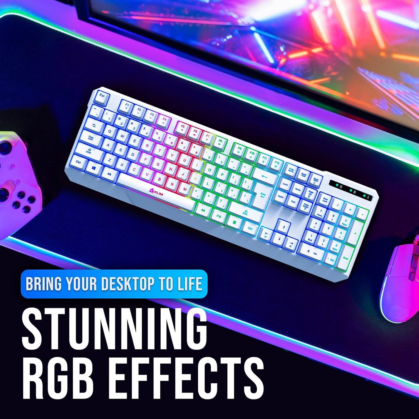 KLIM Chroma Wireless Gaming Keyboard RGB New - Long-Lasting Rechargeable Battery - Quick and Quiet Typing - Water Resistant Backlit Wireless Keyboard for PC PS5 PS4 Mac - Black
