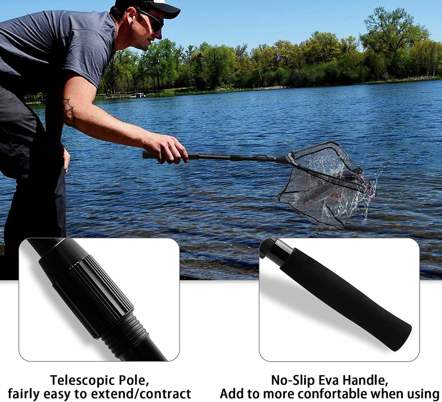 SAN LIKE Fishing Net Telescopic Landing Nets Folding Rubber Fish Net Rubber Coated Landing Net with Adjustable Sturdy Pole Handle for Saltwater Freshwater Bass Trout Fishing Easy Catch & Release