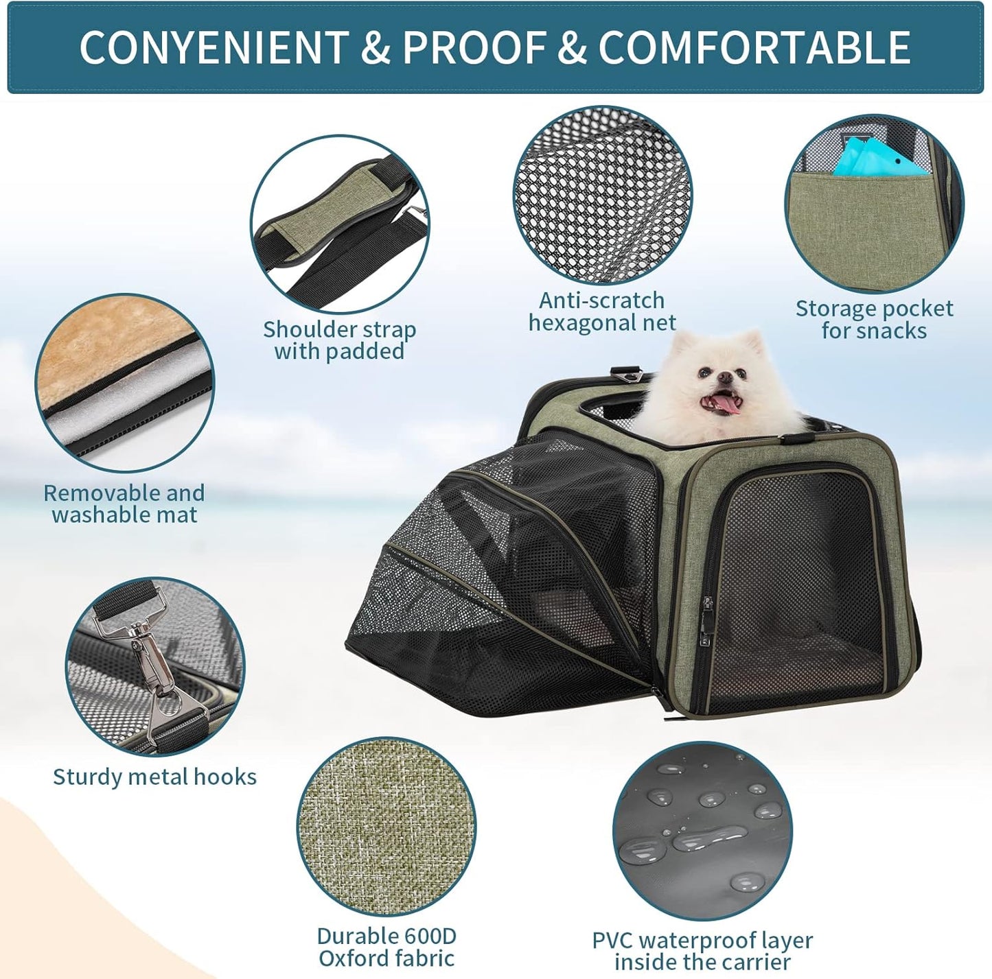 Petsfit Expandable Cat Dog Carrier Airline Approved, 17" L x 11" W x 11" H Soft-Sided Portable Pet Travel Carrier for Kitten, Puppy, Removable Soft Plush Mat and Pockets, Auto-Locking Zippers
