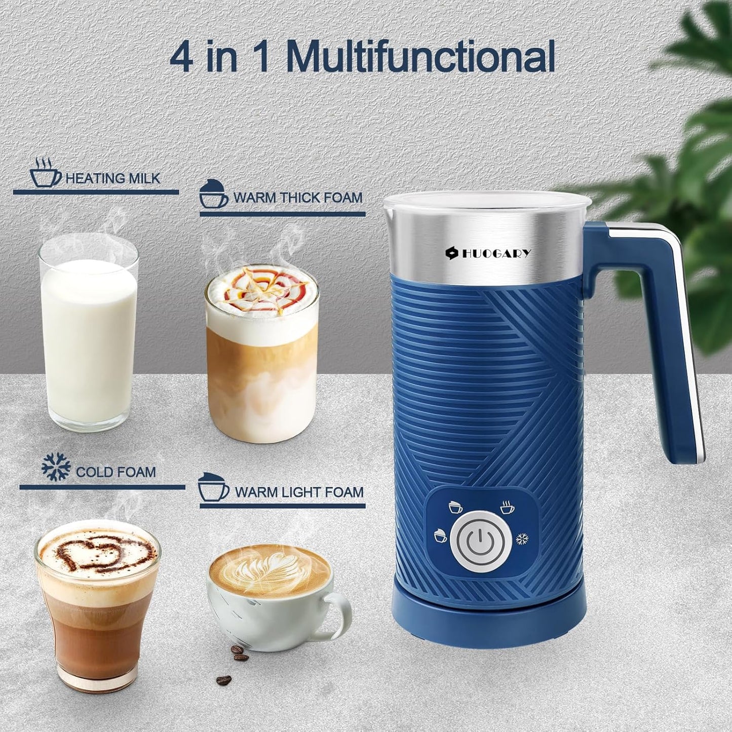 Huogary Electric Milk Frother, 4 in 1 Stainless Steel Milk Steamer, Milk Frother and Steamer for Coffee Milk Warmer for Latte, Cappuccinos, Macchiato