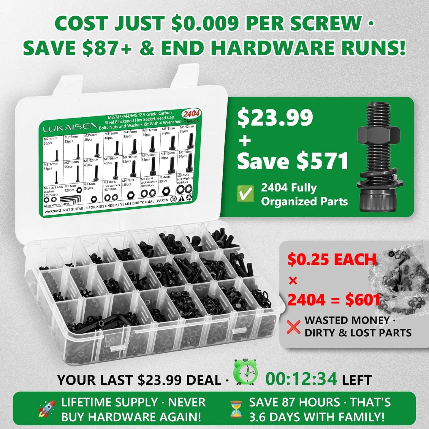 860PCS Metric Screw Assortment Kit, M2 M3 M4 M5 Machine Screws with Lock & Flat Washers, 10.9 Grade Alloy Steel, Metric Hex Button Head Cap Nuts and Bolts Assortment Kit with 4 Wrenches