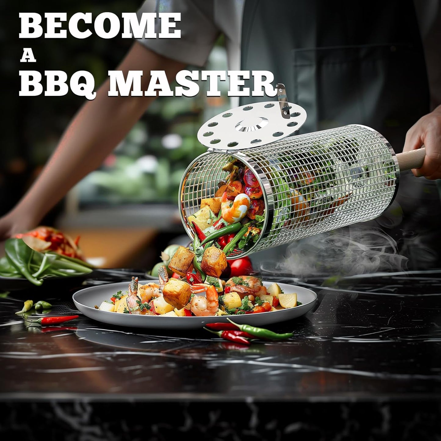 Rolling Grill Basket, Removable Wooden Handle, 304 Stainless Steel, Nesting Grilling Tools, Smoker BBQ Accessories for Vegetable, Outdoor Cooking Camping, Birthday Gifts for Men Dad Husband