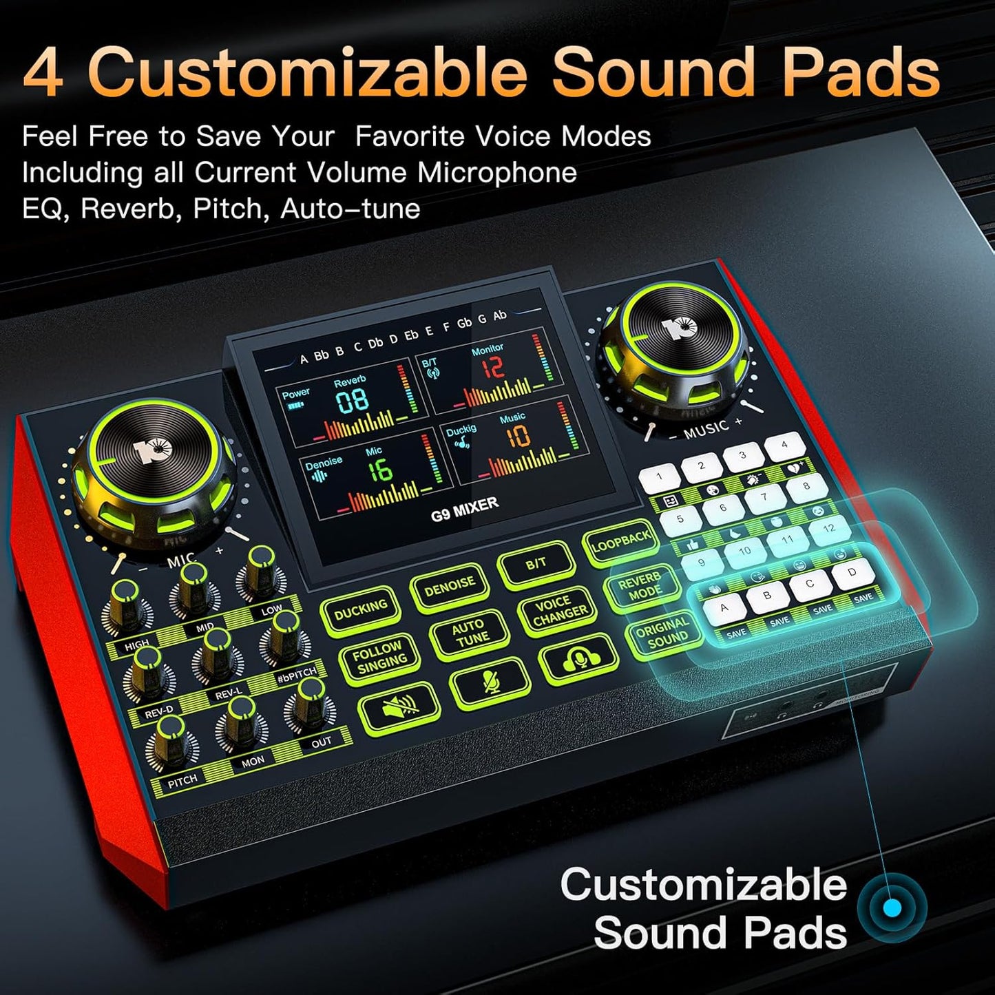Tenlamp G9 Podcast Audio Mixer, Compatible with 3.5mm Microphones, Live Sound Card for PC/Phone Streaming Content Creators, with Noise Reduction and One-Touch Mute