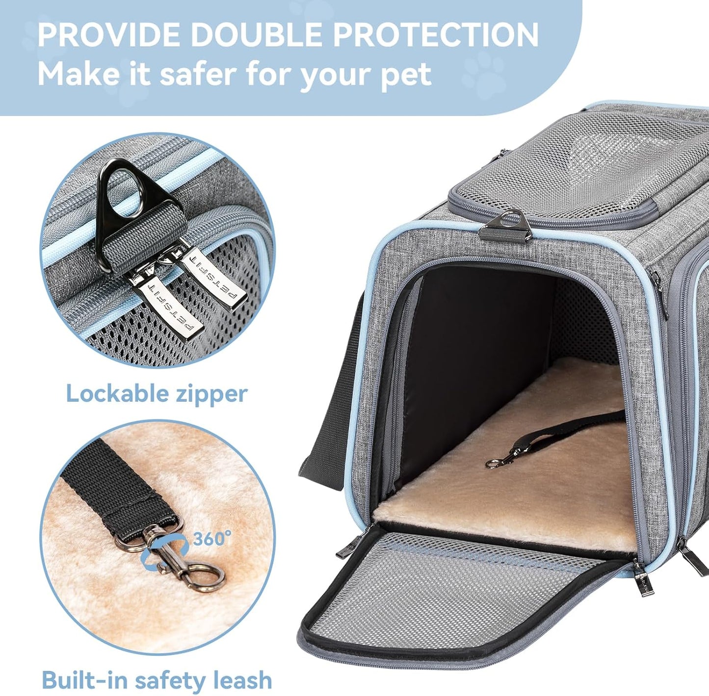 Petsfit Expandable Cat Dog Carrier Airline Approved, 17" L x 11" W x 11" H Soft-Sided Portable Pet Travel Carrier for Kitten, Puppy, Removable Soft Plush Mat and Pockets, Auto-Locking Zippers