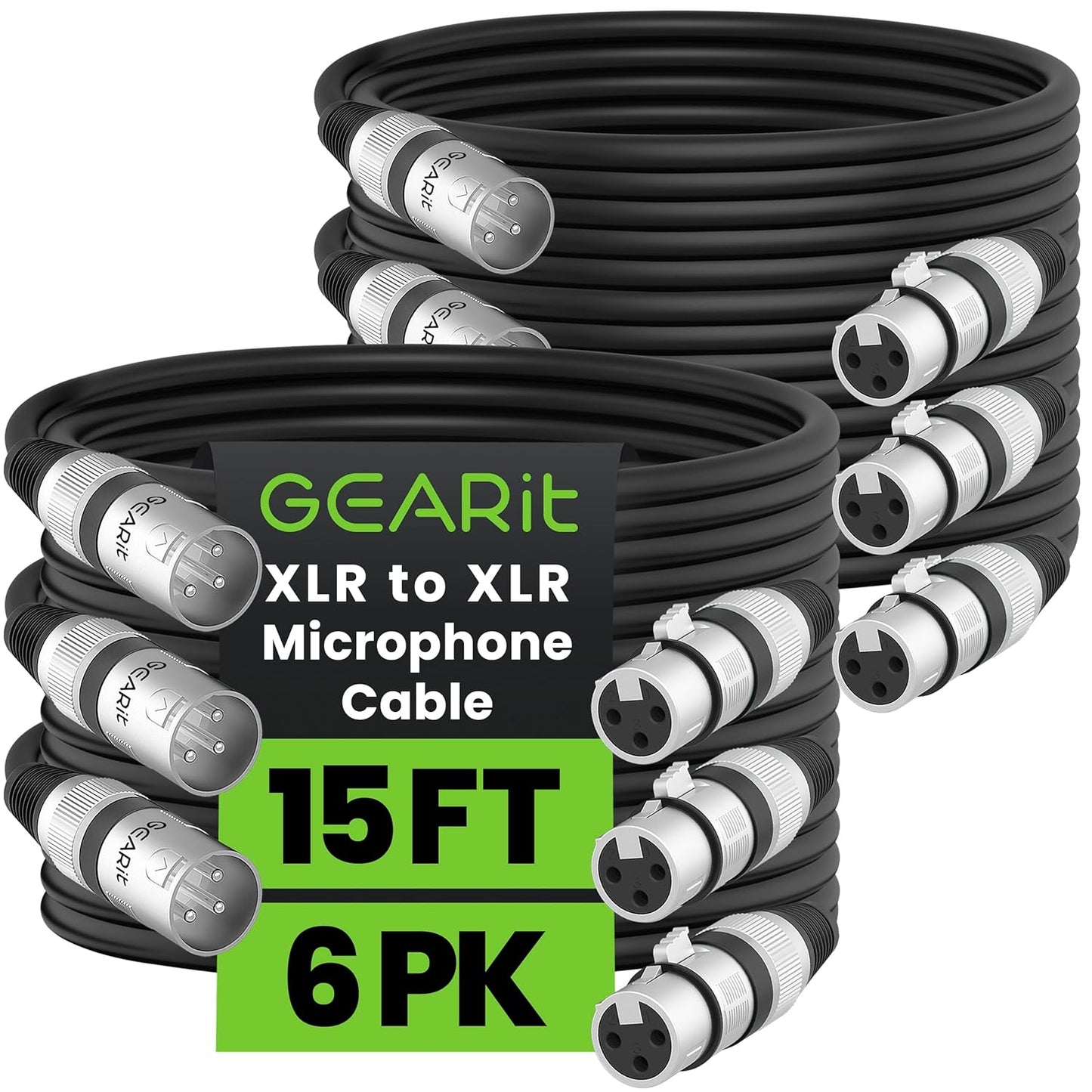GEARit XLR Male to Female Microphone Cable (10 Feet, 6-Pack) 3-Pin Balanced Shielded Mixer, Recording Studio, Podcast - Black