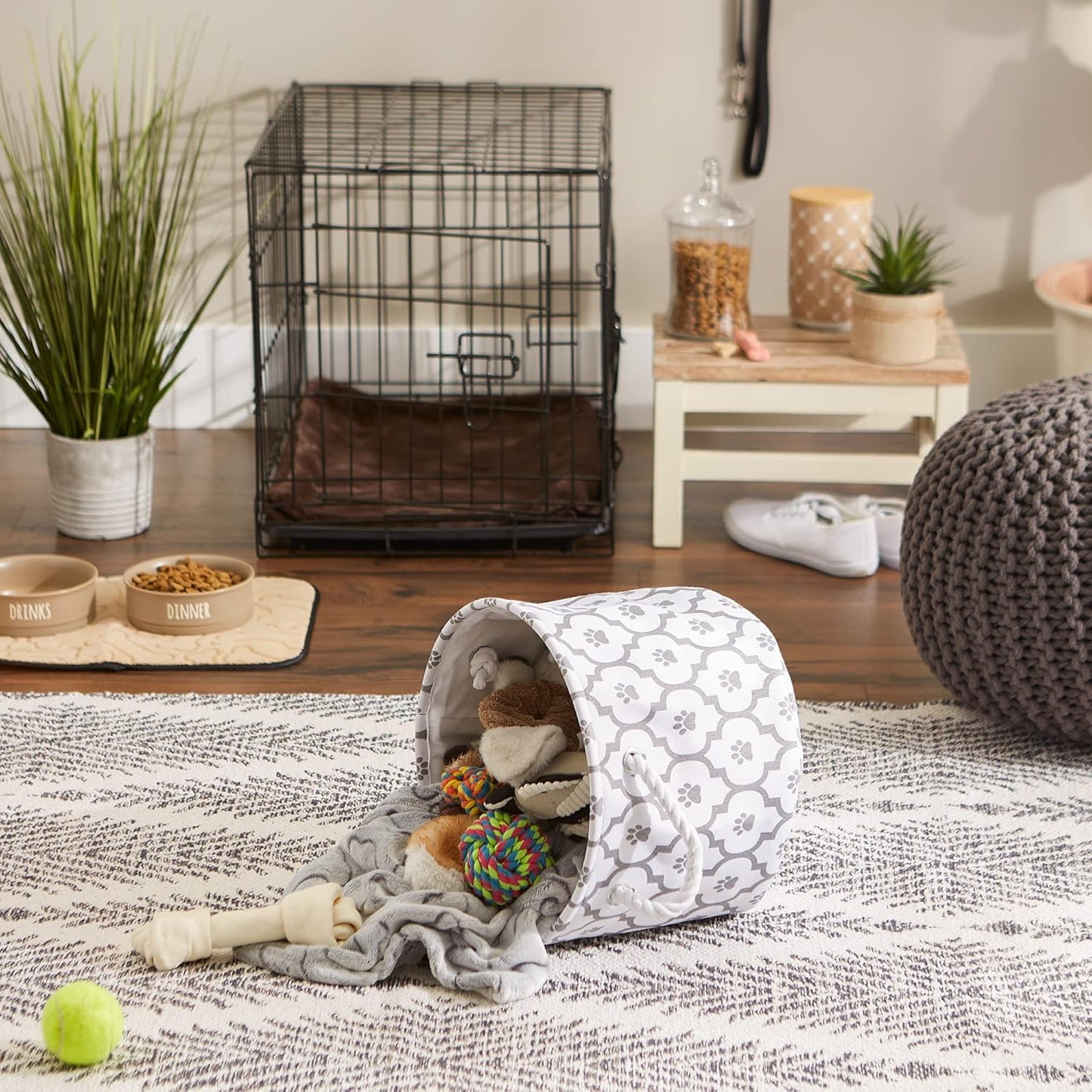 DII Bone Dry RoundSmall Pet Toy and Accessory Storage Bin, 12"(Dia) x9(H), Collapsible Organizer Storage Basket for Home Decor, Pet Toy, Blankets, Leashes and Food-Gray Stripes