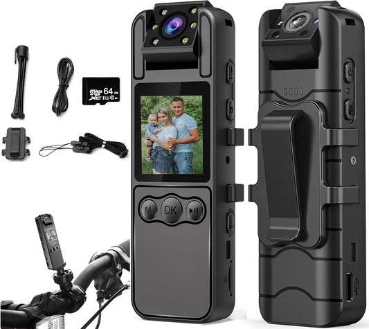 1080P Body Cameras with Audio and Video Recording| 180° Rotating Lens | 6-8HR Battery | Night Vision | 64GB SD Card | 1.3" LCD | Portable Security Cam for Police, Law Enforcement, Outdoors & Meetings