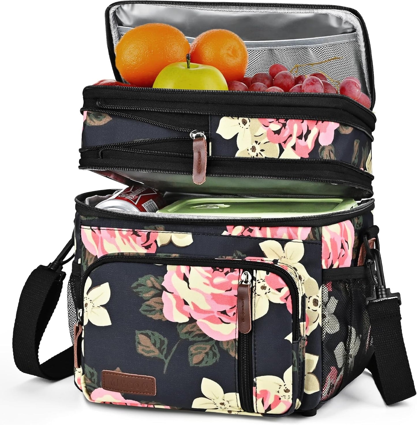 Lunch Bag for Women Men Double Deck Lunch Box - Leakproof Insulated Soft Large Lunch Cooler Bag, MIYCOO (Black,15L)