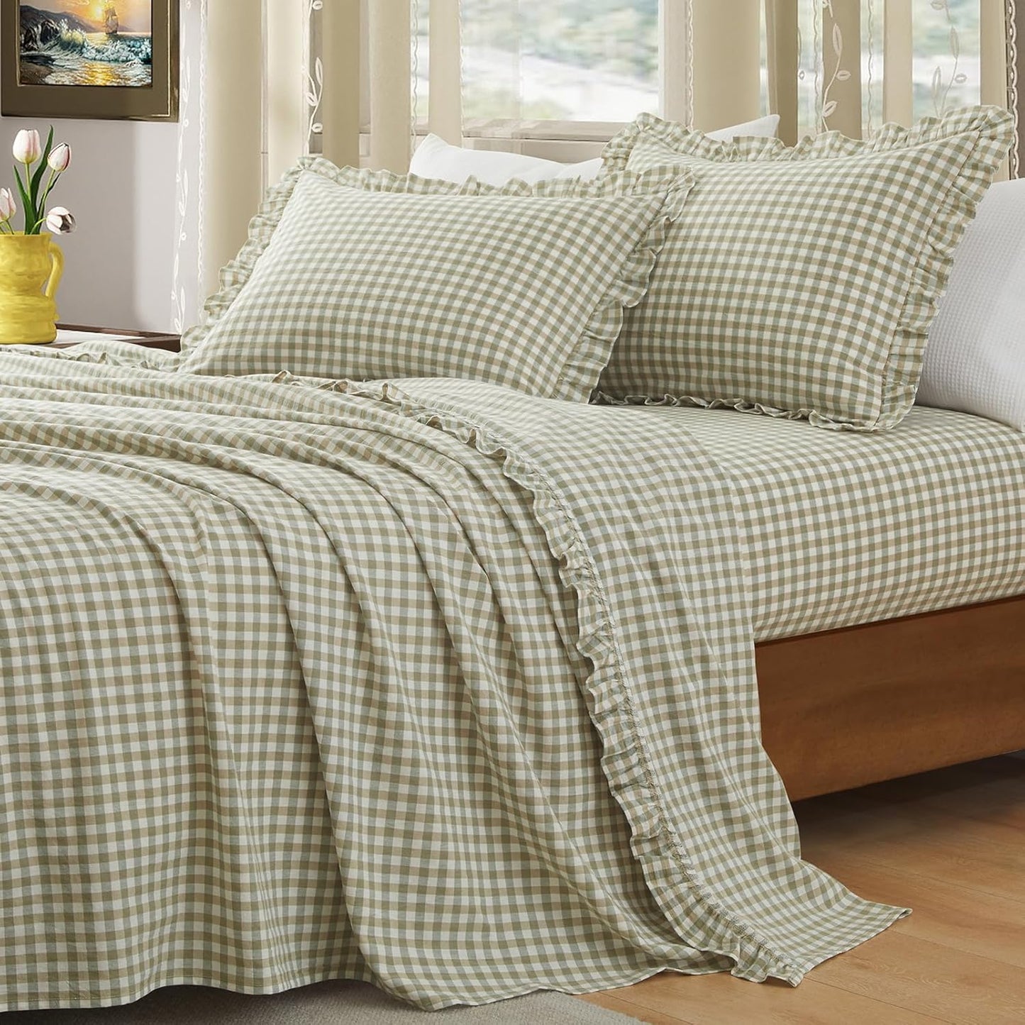 KKJIAF 3 Pieces Plaid Ruffle Twin Bed Sheets, Gingham Twin Sheet Set Comfy Breathable Ruffed Bed Sheet Set with 16 Inch Deep Pocket, Dusty Blue