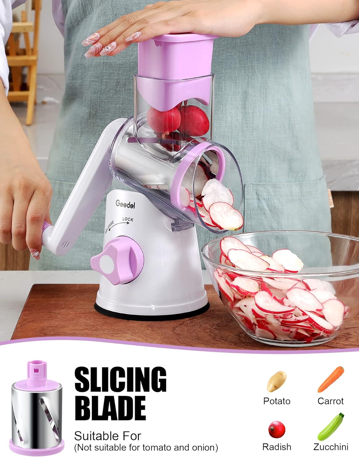 Geedel Kitchen Cheese Grater, Rotary Mandoline Vegetable Slicer with Interchangeable Blades, Easy to Use Rotary Grater Slicer for Fruit, Vegetables, Nuts