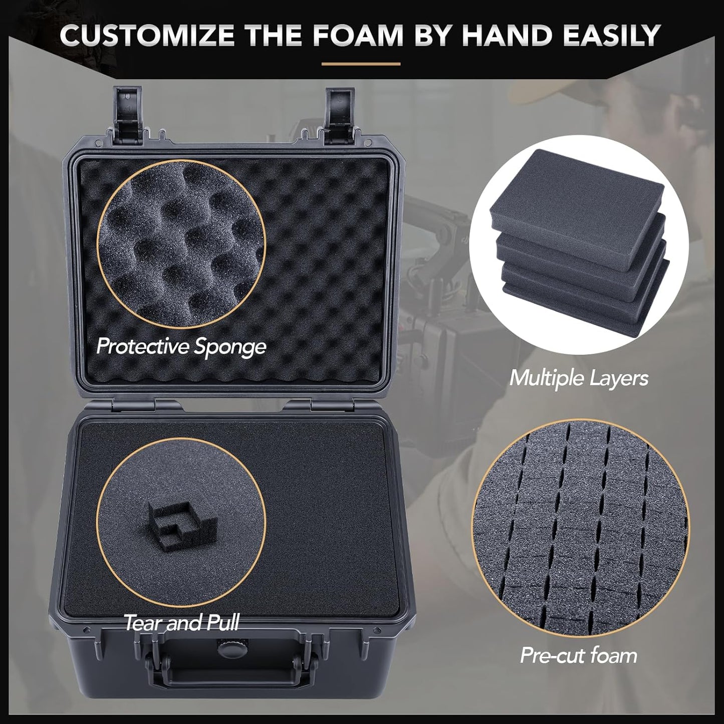 Lykus HC-2710 Portable Waterproof Hard Case with Foam, Camera Case with Customizable Fit Foam,Fit use of Drones,Camera, Equipments, Interior Size 27x16x8 cm