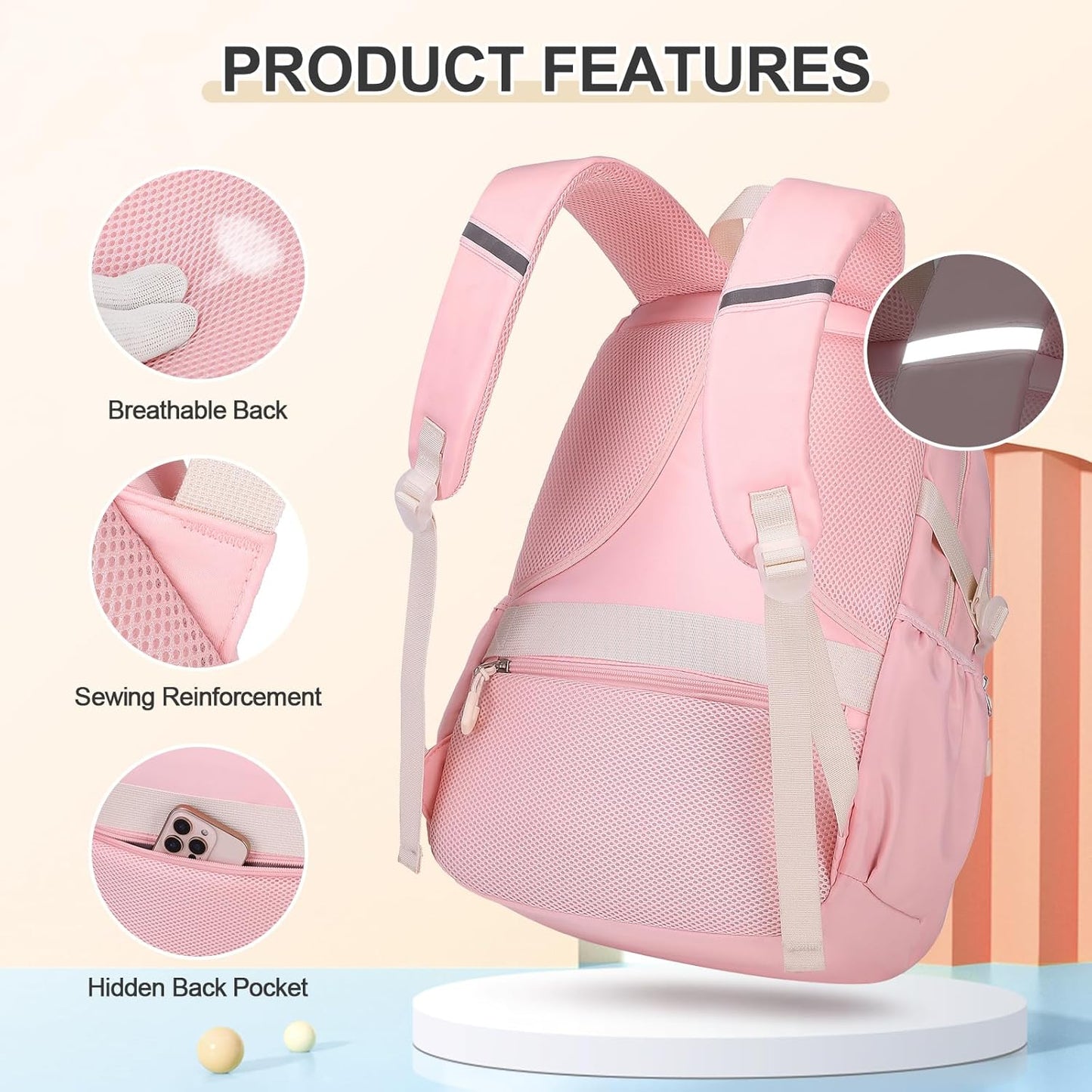 3PCS School Backpack for Girls with Lunch Box Pencil Pouch for Teen Girls Children Elementary Primary Middle High College Daypack School bag Bookbag Set Pink