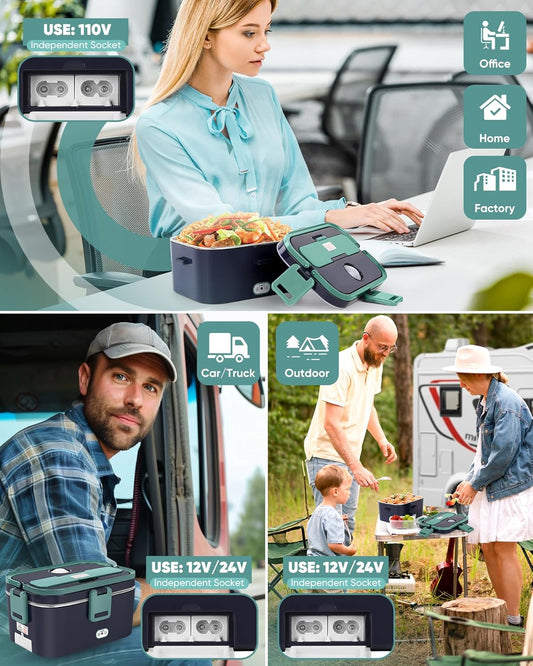 Eocolz Electric Lunch Box Food Heater, 100W - 1.8L Stainless Steel Container 12V/24V/110-230V Portable Food Warmer Lunch Box for Car/Truck/Home, 3 in 1 Lunch Boxes with Spork & Insulated Carry Bag - PuriLite