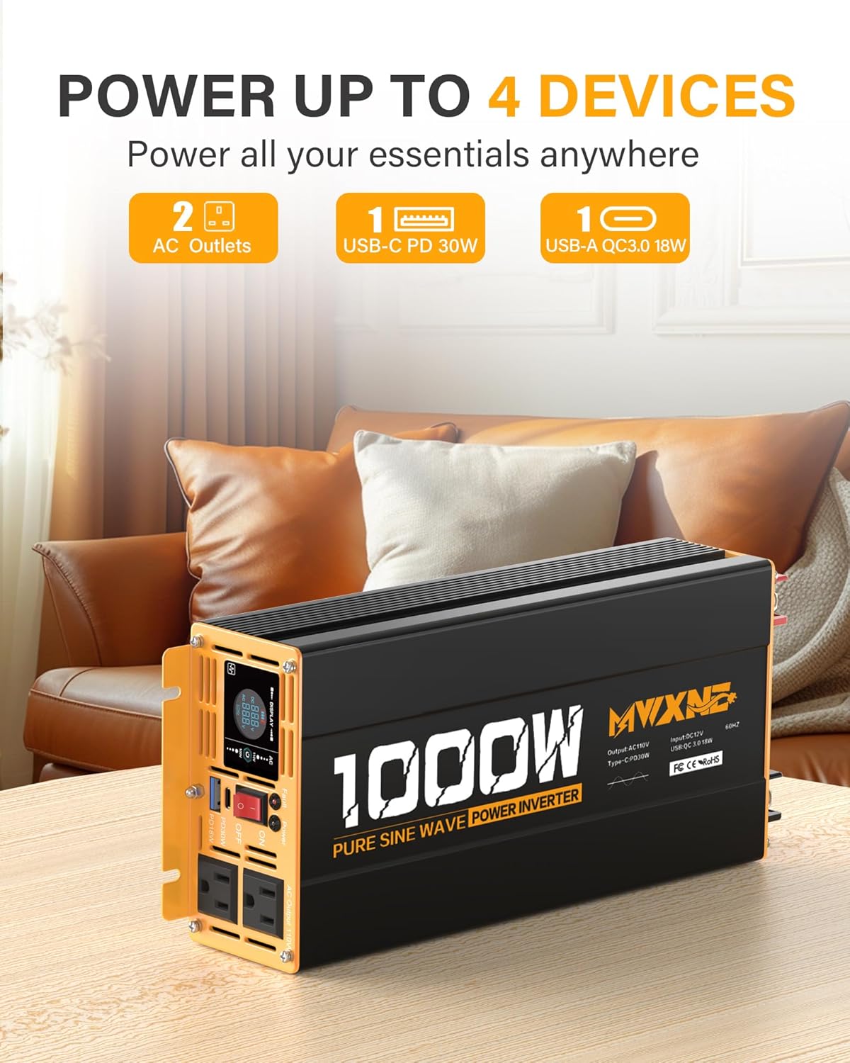 MWXNE 2000W Pure Sine Wave Inverter 12V DC to 110V 120V AC Car Converter for RV Truck Off-Grid Solar Power Inverter with 4 AC Outlets, USB/Type-C Fast Charging Ports, LCD Display, Remote Control