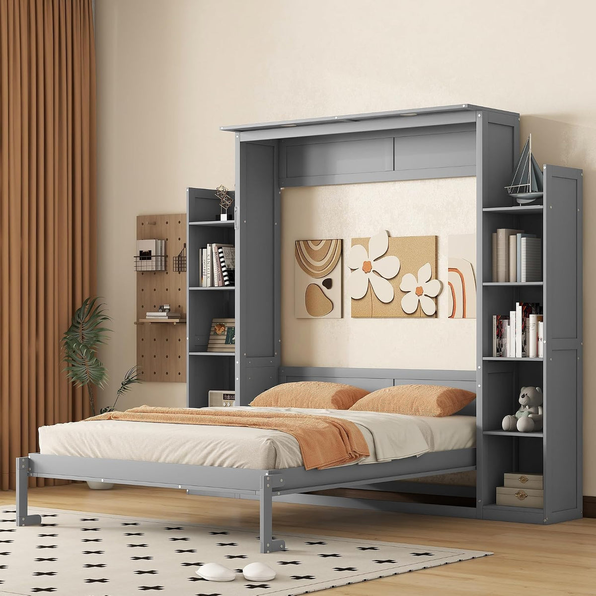 Merax Queen Size Murphy Bed with 2 Five-Layer Cabinet, Wall Bed with Shelves and Lights, Foldable Platform Bed Folded into Cabinet for Guest Room, Home and Office (Gray)
