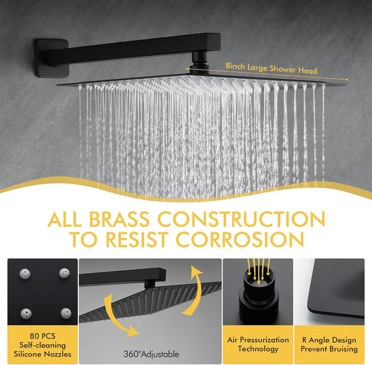 Fransiton Shower System Rain Shower System Set Ceiling Mounted, Rainfall Shower Head with Handheld, Bathroom Shower Kit (Valve Included) (8" - Wall Mount, Matte Black)