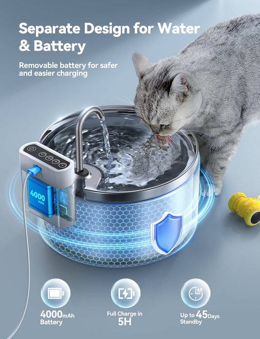 Wireless Cat Water Fountain Battery Operated, FEELNEEDY Rechargeable Pet Water Fountain Indoor with Motion Sensor, Cordless Stainless Steel 118oz/3.5L with 3 Filters Replacement (FN-W08L)