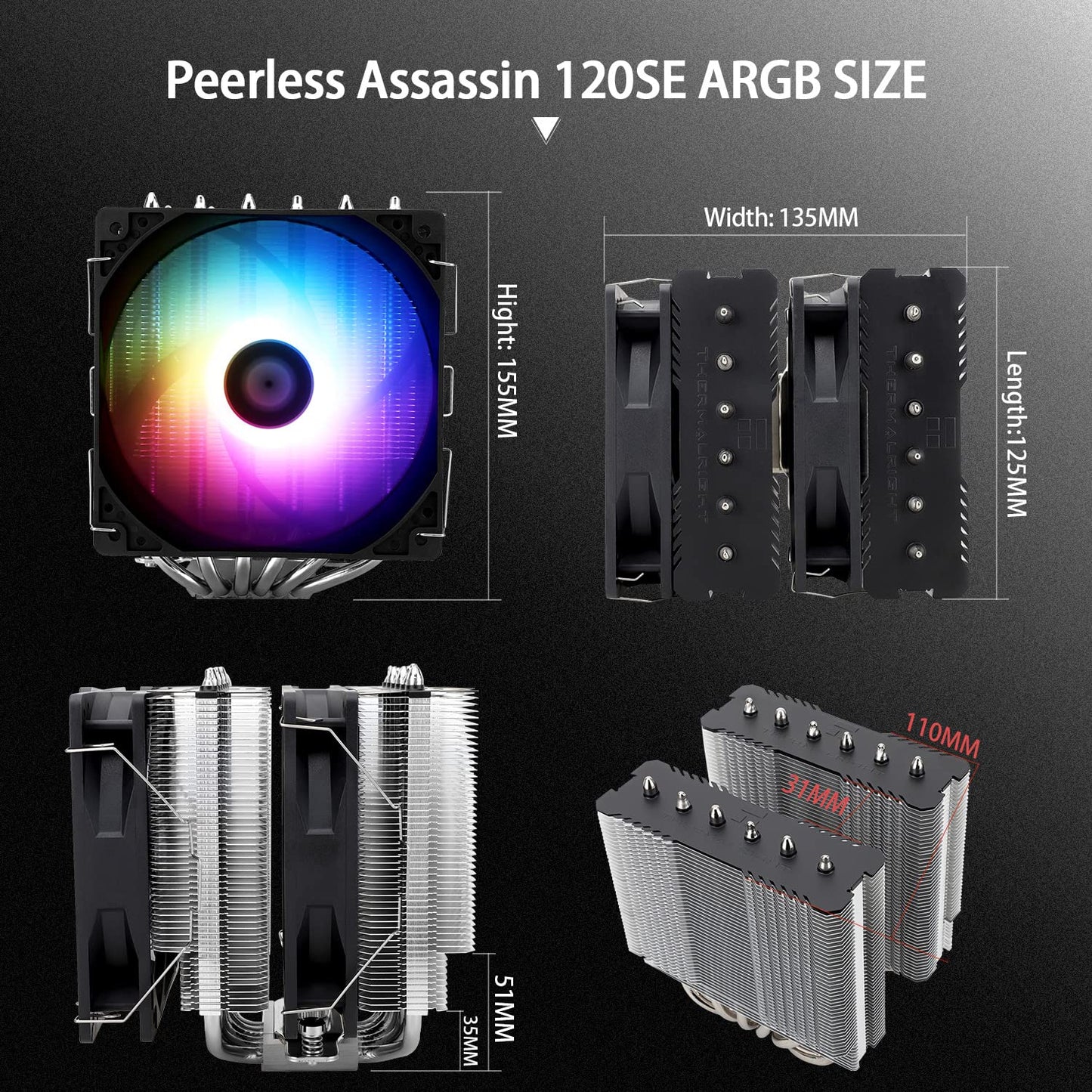 Thermalright Peerless Assassin 120 SE Black CPU Cooler, 6 Heat Pipes AGHP Technology, Dual 120mm PWM Fans, 1550RPM Speed, for AM4/AM5 and Intel LGA 1700/1851/115X/1200,Computer CPU Cooling