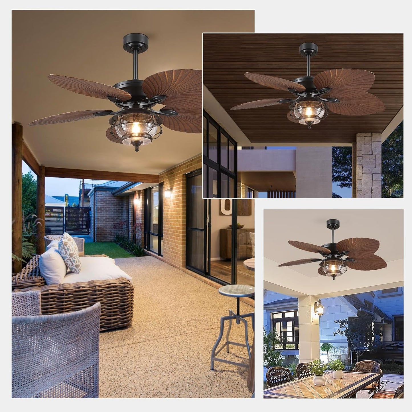 Wiviniya Ceiling Fans with Lights and Remote/APP Control, 44 Inch Tropical Palm Leaf Ceiling Fan with LED Lights, Outdoor Ceiling Fans for Patios Porch, Reversible Quiet Motor, Dimmable, Light Brown