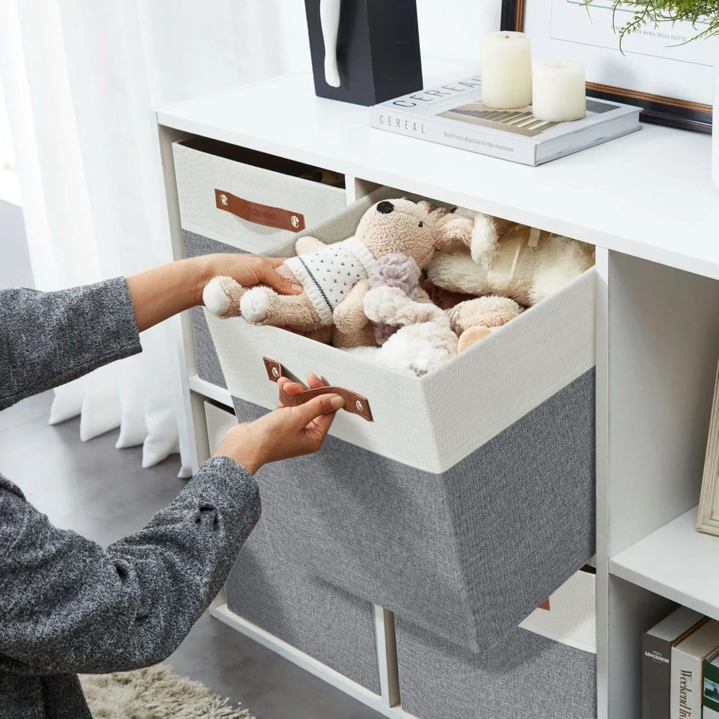 DECOMOMO Fabric Cube Storage Bin - Storage Baskets for Shelves, Kallax (Grey & White, 13 inch Cube) - 4 Pack