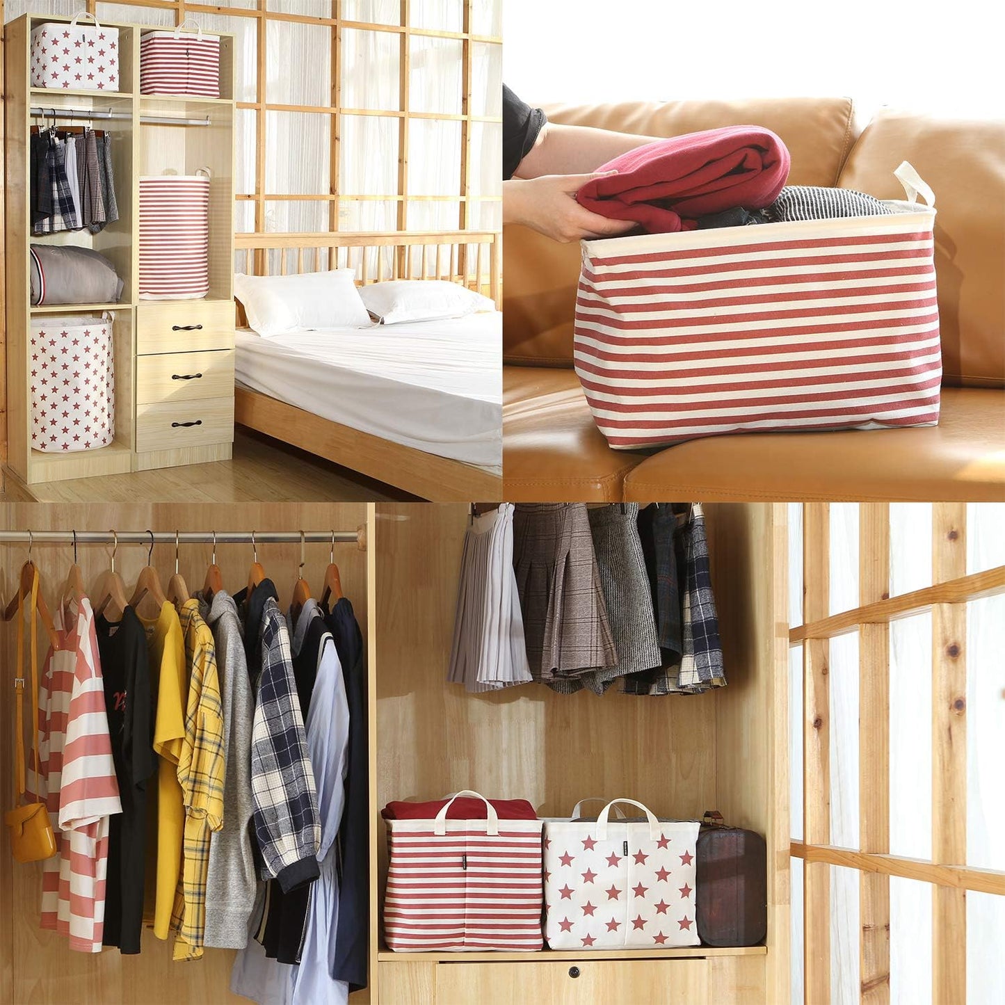 Sea Team 16.5 x 11.8 x 9.8 inches Square Canvas Fabric Storage Bins Shelves Storage Baskets Organizers for Nursery & Kid's Room, Grey Stripe