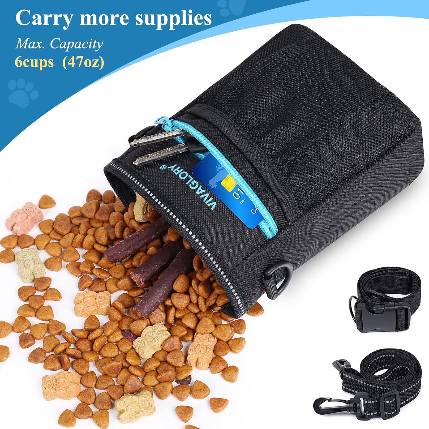 VIVAGLORY Dog Training Treat Pouch, 4Ways to Wear Dog Treat Bags, Built in Dog Waste Bag Dispenser Treats Training Bags with Reflective Adjustable Shoulder Strap, Black