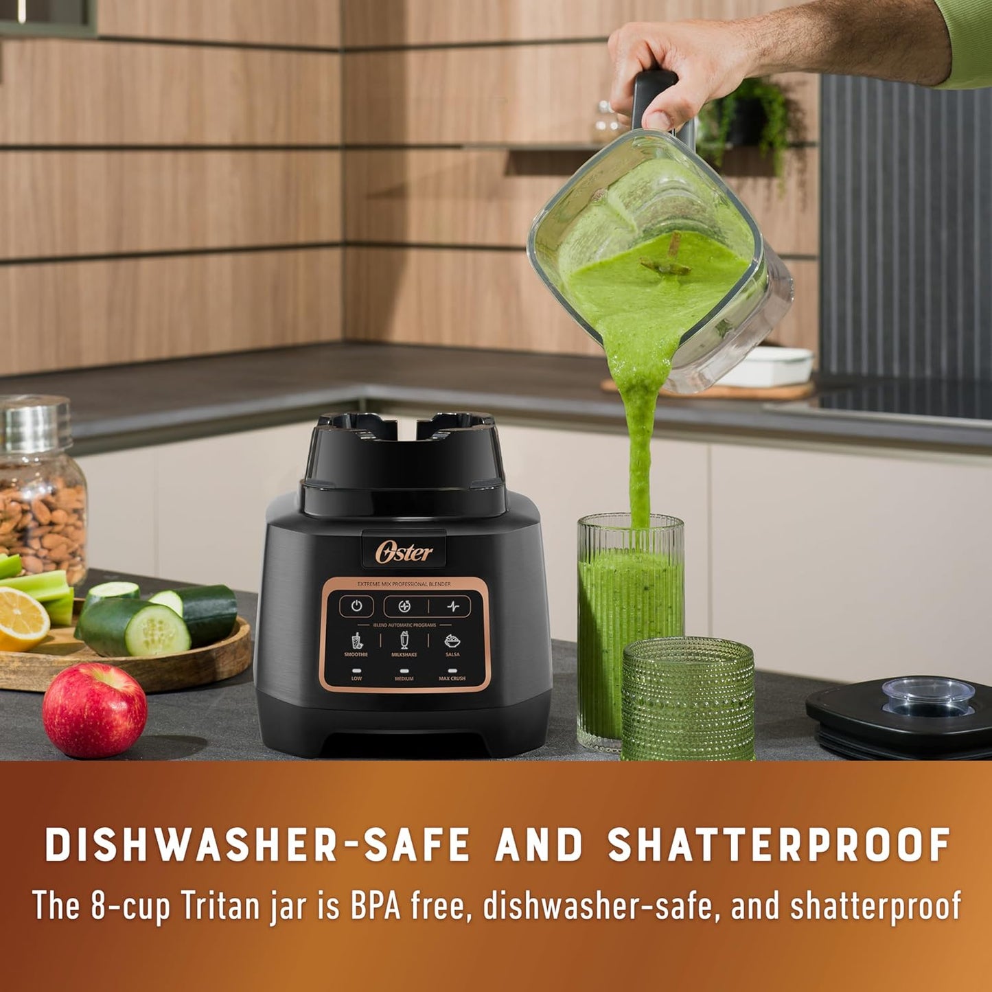 Oster Extreme Mix Professional Blender, 1500W, 10-Point Titanium Blades w/Reversable Blending Tech for Turbocharged Chopping & Pulverizing, Single-Touch Auto Programs, 64oz Dishwasher-Safe Pitcher