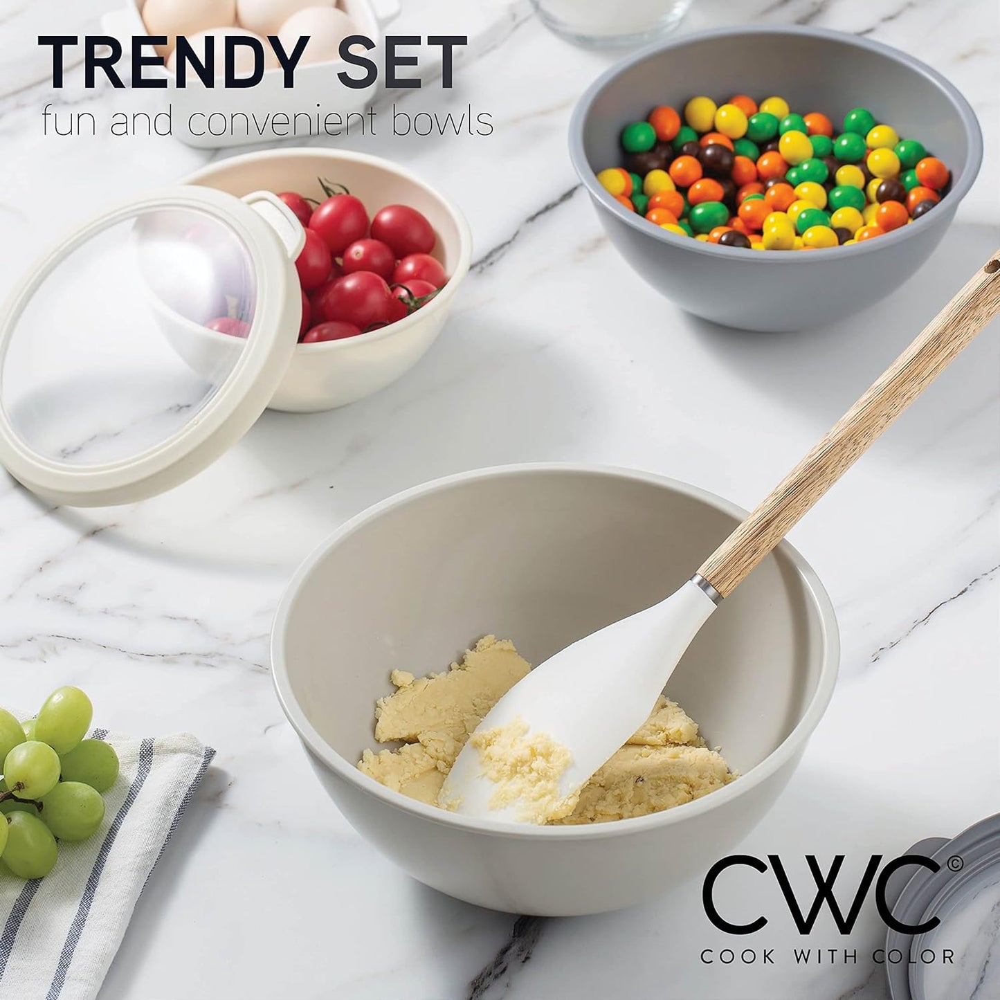 COOK WITH COLOR Mixing Bowls with TPR Lids - 12 Piece Plastic Nesting Bowls Set Includes 6 Prep Bowls and 6 Lids, Microwave Safe Mixing Bowl Set (Green)