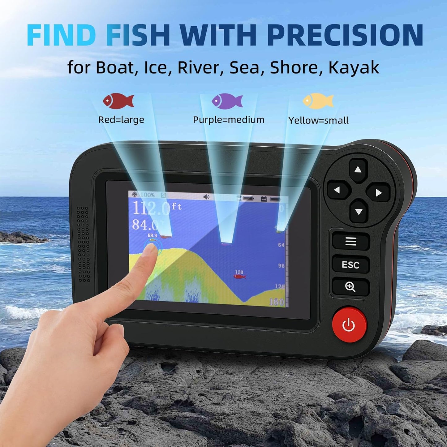 Portable Sonar Fish Finder, Rechargeable Castable Wireless Fish Finders, Kayak Fishfinder with 105° Beam Angle and TFT LCD Display, 2.6-164 FT of Boat Depth Finder for Shore, Sea & Ice Fishing
