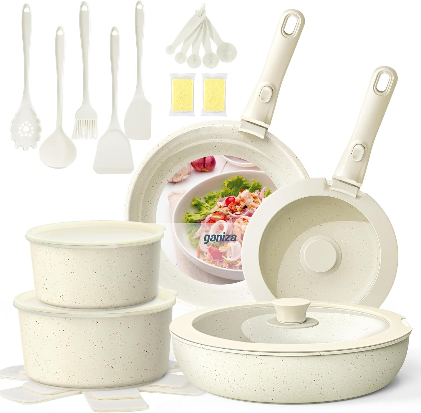 Ganiza Cookware Set Non Stick, 27 Pcs Pots and Pan Set, Nonstick Induction Cookware with Frying Pans, Saute Pan, Saucepans, Kitchen Utensils, Removable Handle, Cooking Pot Set for All Stoves