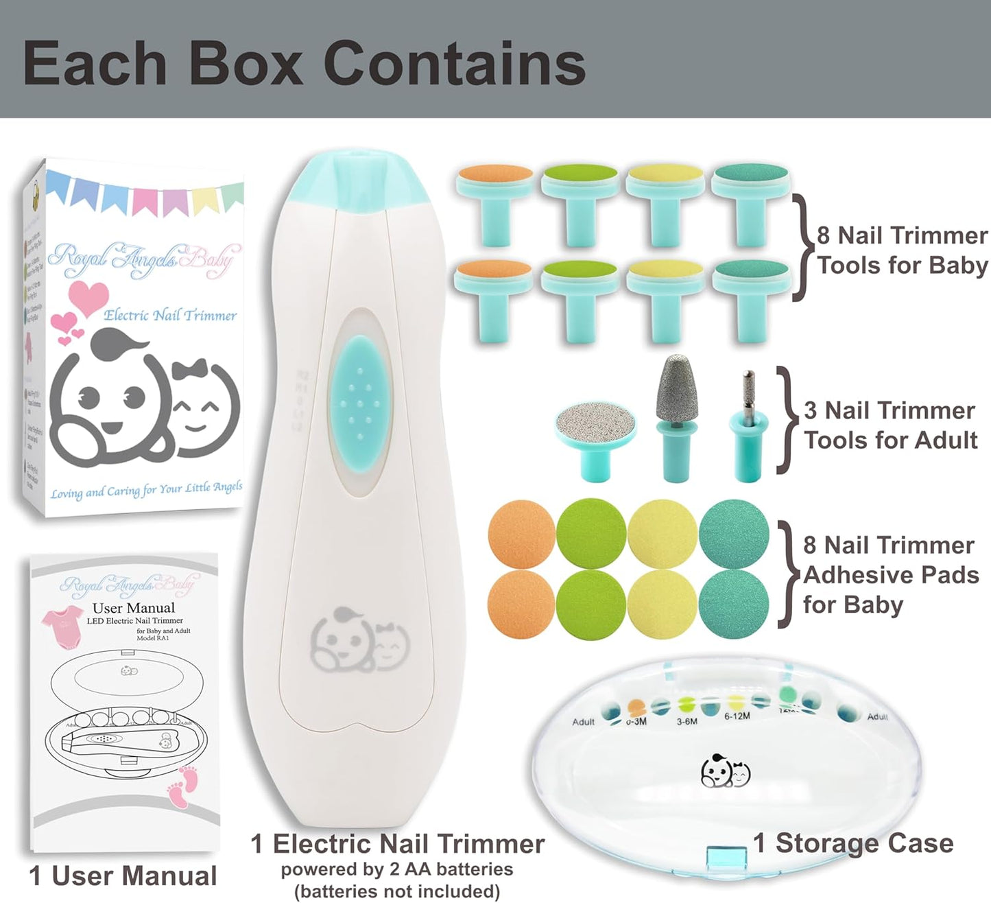 Royal Angels Rechargeable Baby Nail Clippers 20 in 1, Safe Electric Nail Trimmer, Baby Nail Kit, Additional Replacements, Newborn Toddler Toes and Fingernails, Trim and Polish (Rechargeable, Snow)