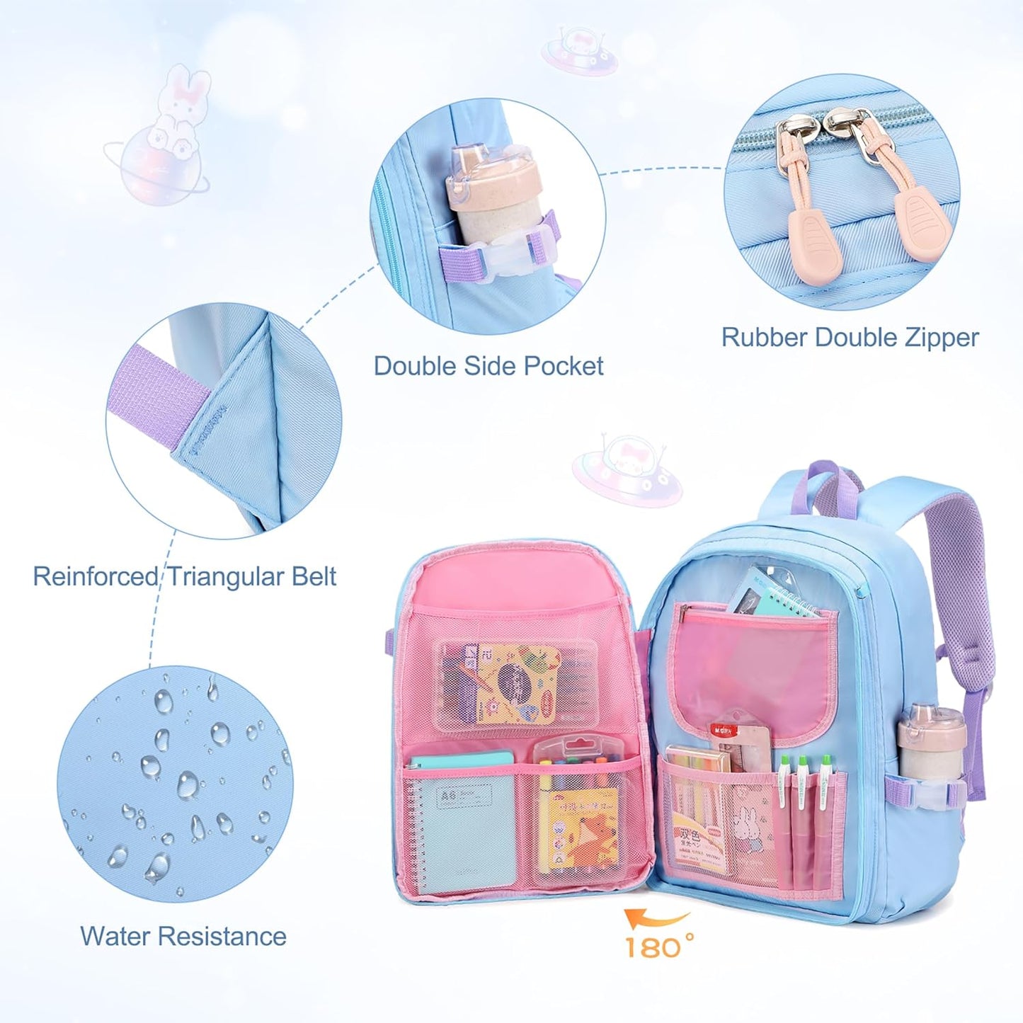 FIXITOK Girls Backpack Set, 3PCS Kids Backpack for Girls, Kawaii Bunny School Backpacks for Girl Kindergarten Elementary Preschool Middle School Bags with Lunch Box Pencil Case Aquamarine