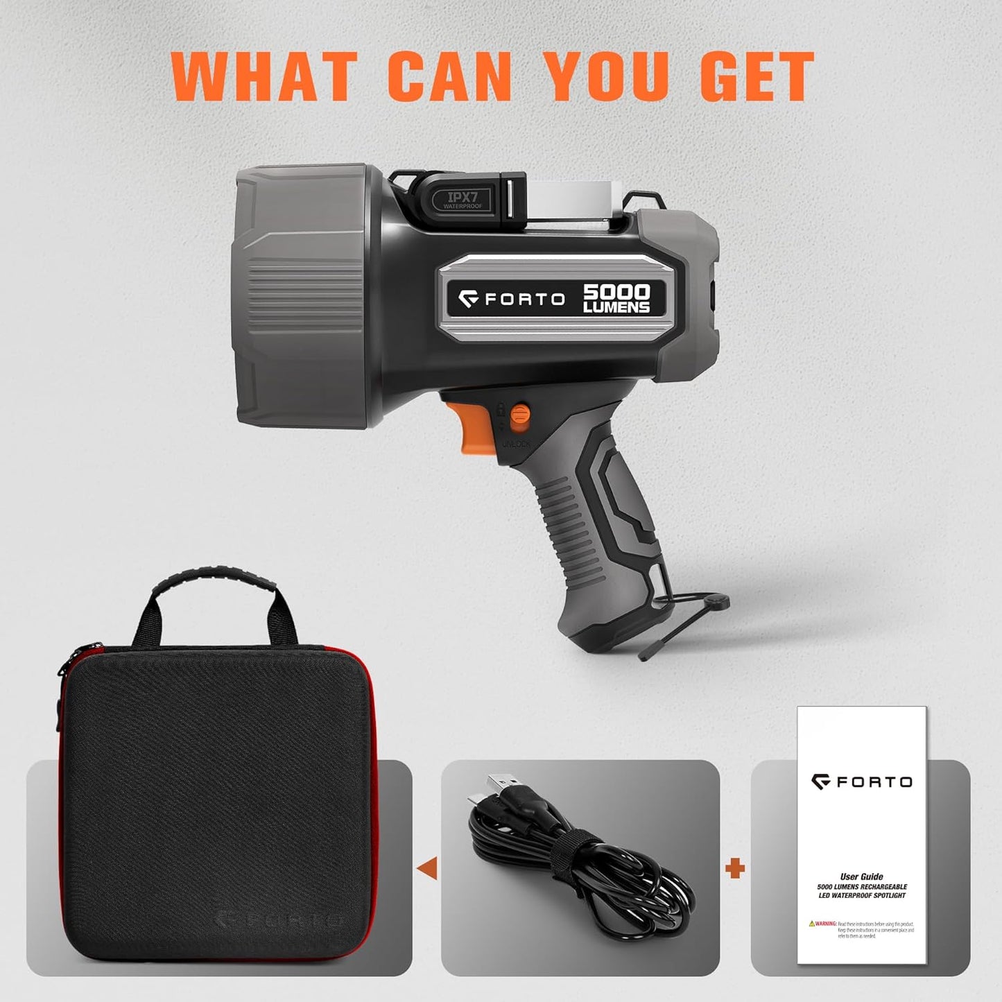 FORTO Rechargeable Spotlight 5000LM, IPX7 Waterproof Flashlight with 5200mAh Long-Lasting Battery, 7 Modes Handheld Light with EVA Case, for Boat, Hunting, Emergency, Outdoor Use