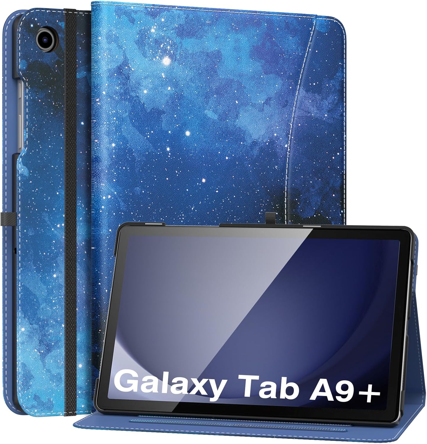 MoKo Case for Samsung Galaxy Tab A9 Plus 11" 2023 (SM-X210/SM-X216/SM-X218), PU Leather Multi-Angle Viewing Folding Stand Cover Case with Hand Strap, Front Pocket, Auto Wake/Sleep, Denim Blue & Brown