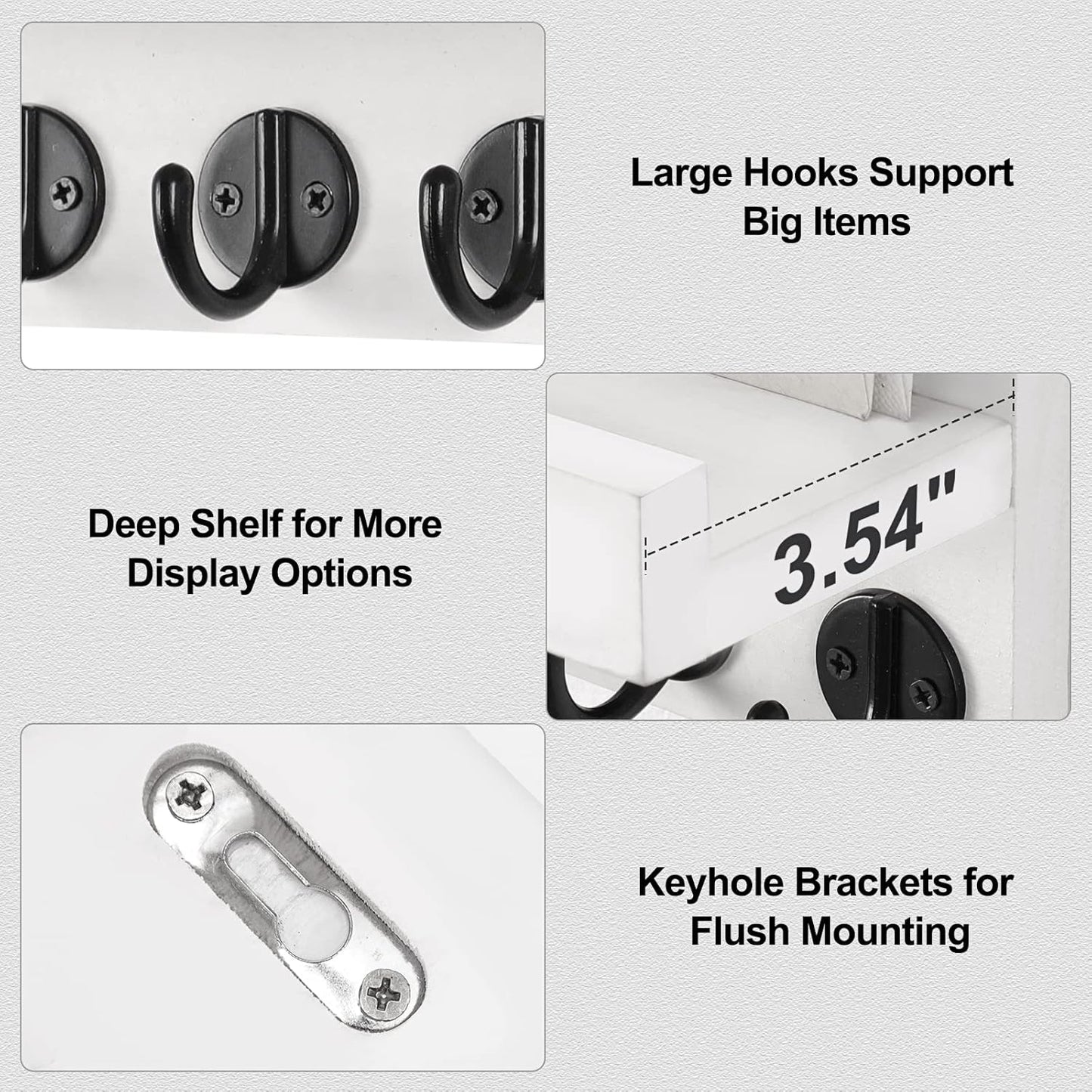 Lwenki Key Holder for Wall, Decorative Key and Mail Holder with Shelf Has Large Key Hooks for Bags, Coats, Umbrella – Paulownia Wood Key Hanger with Mounting Hardware (Black)