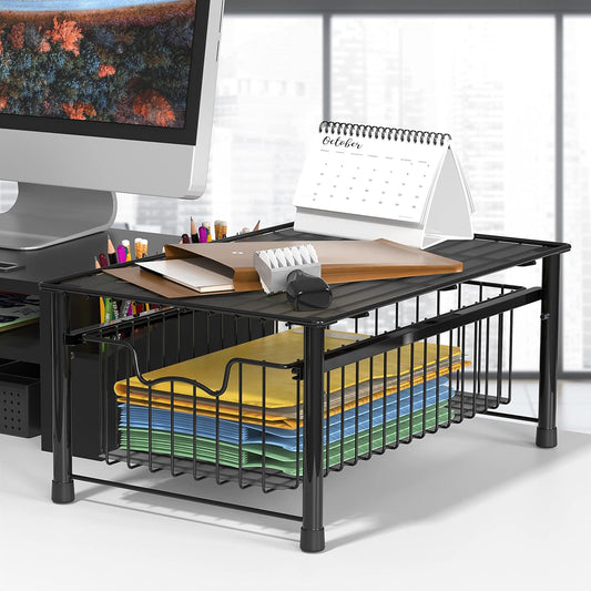 Stackable Metal Cabinet Basket Drawer Organizer with Sliding Storage Design, Black Finish - PuriLite