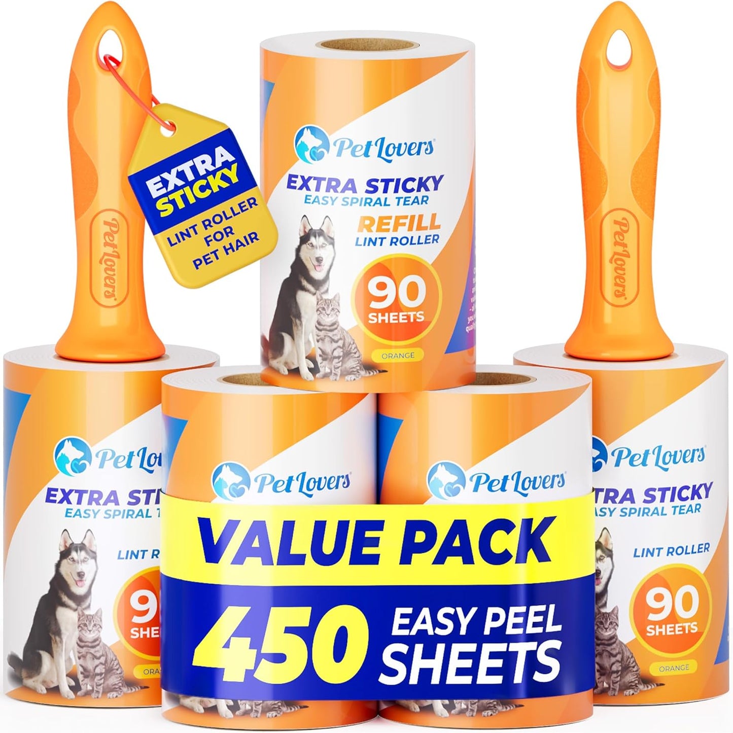 PetLovers Extra Sticky Lint Roller Mega Value Set for Pet Hair Removal, Dog and Cat Lint Remover (1 Pack Reusable)