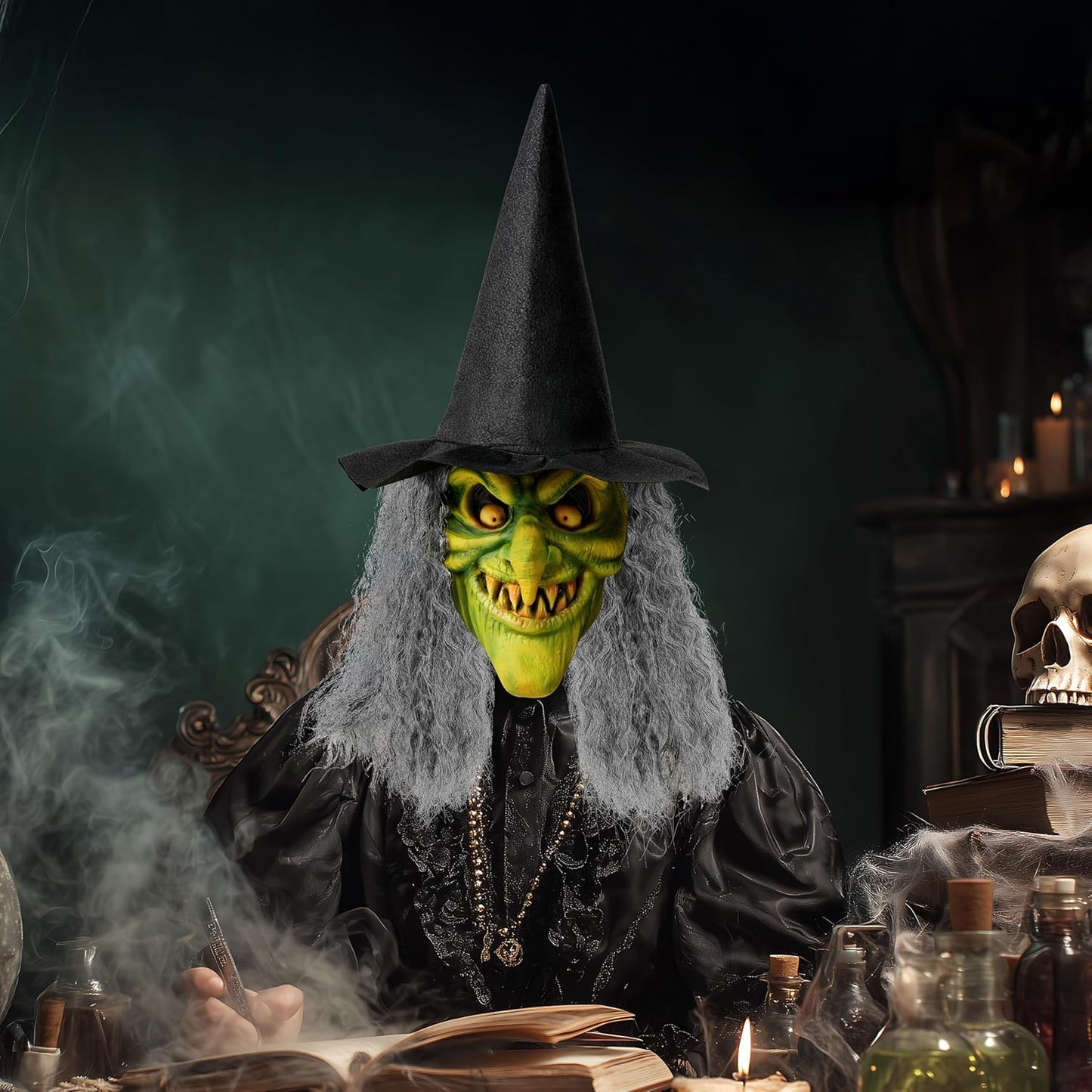 Spooktacular Creations Halloween Scary Witch Mask, Creepy Latex Monster Face Mask with Black Hat Hair for Adult Halloween Horror Evil Cosplay Costume Accessories, Realistic Party Dress Up Prop