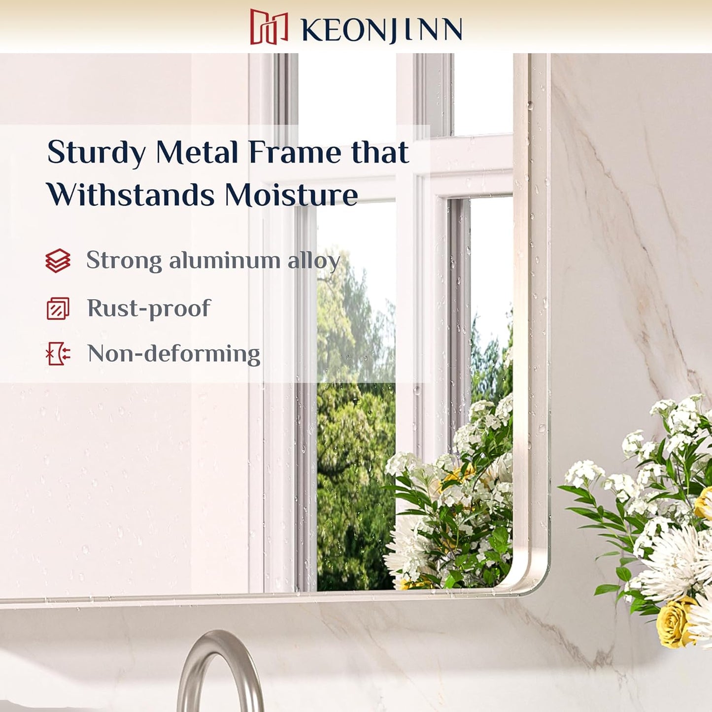 Keonjinn 42 x 36 Brushed Nickel Bathroom Vanity Mirror, Large Rounded Rectangle Bathroom Mirrors for over Sink, Metal Framed Silver Mirror for Wall, Shatterproof HD Tempered Glass(Horizontal/Vertical)