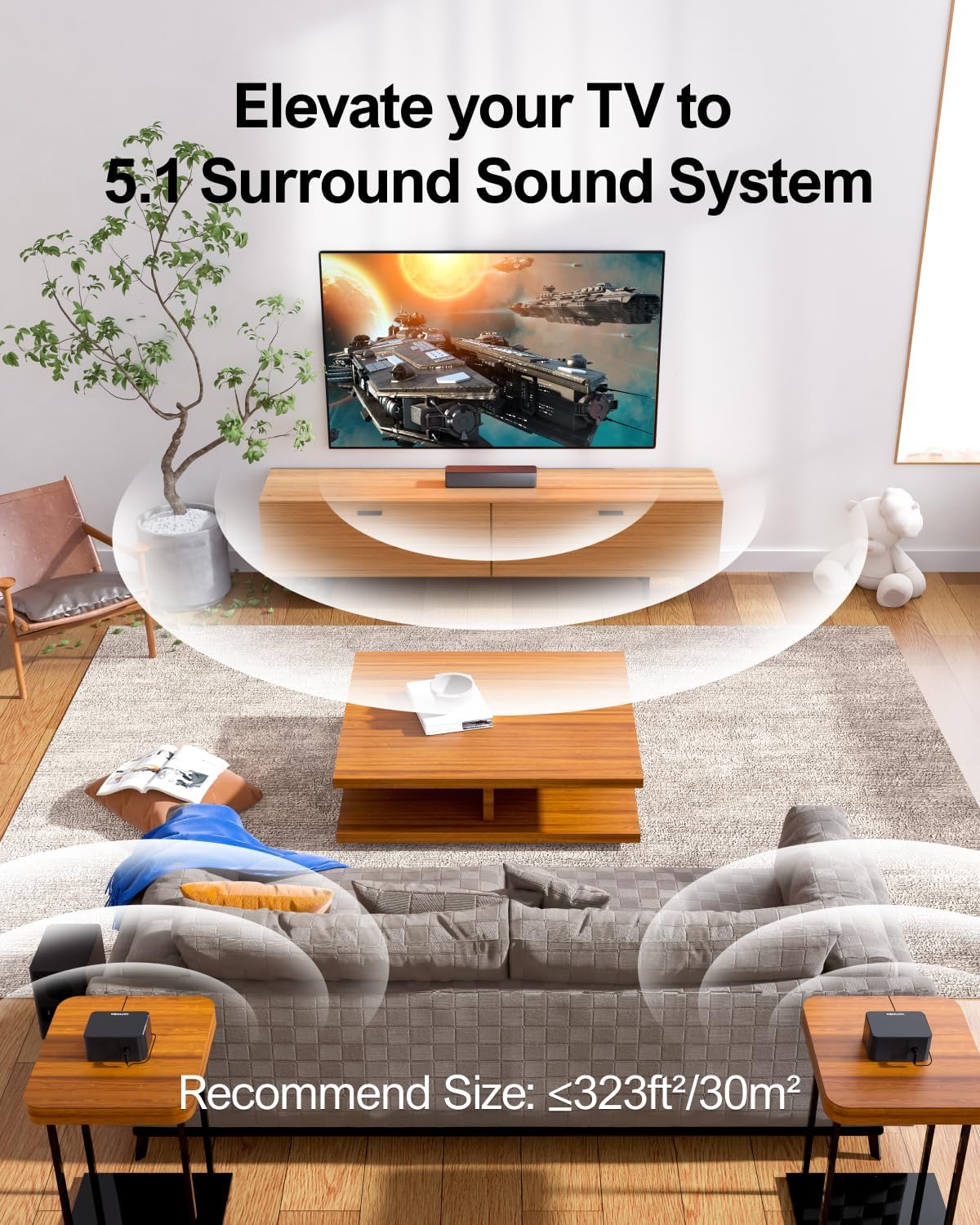 ULTIMEA 5.1 Virtual Surround Sound Bar, 320W Peak Power Soundbar with Subwoofer, Surround Sound System Home Theater Sound Bar for TV, Adjustable Subwoofer and Surround Speaker, HDMI ARC, Poseidon D50