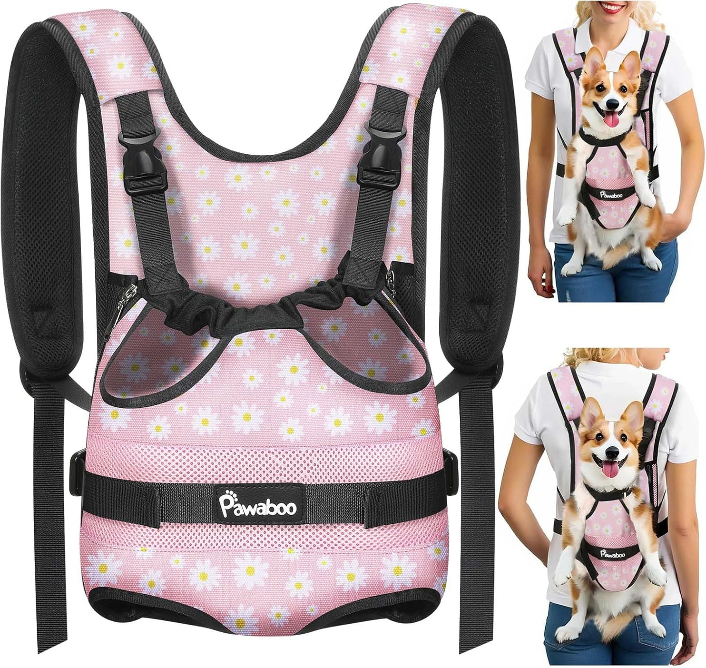 Pawaboo Pet Carrier Backpack, Adjustable Pet Front Cat Dog Carrier Backpack Travel Bag, Legs Out, Easy-Fit for Traveling Hiking Camping for Small Medium Dogs Cats Puppies, Medium, Black