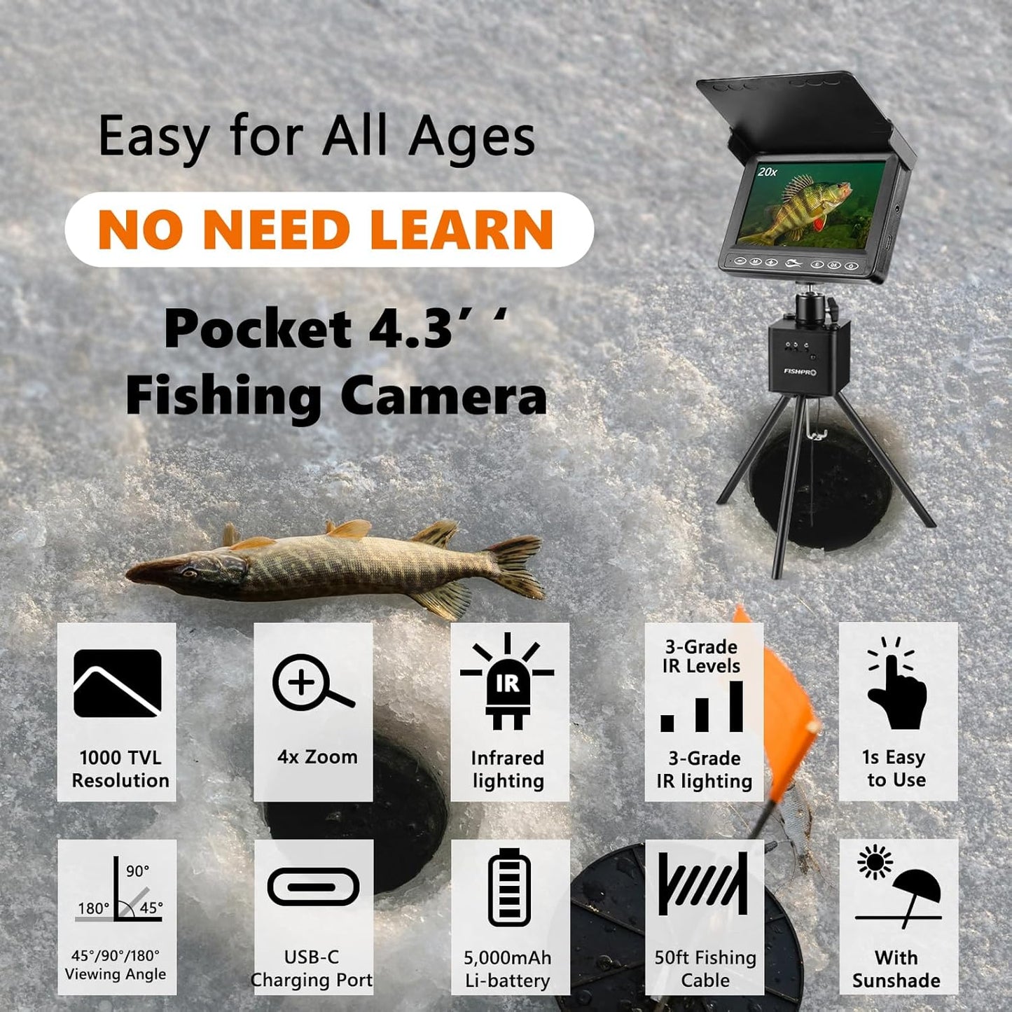 2026 Underwater Fishing Camera - FishPRO® 4.3'' 5,000mAh, (NO Need Learn) Ice Fishing Camera Fish Finder Gift for Men, 3-Grade IR, USB-C, 1000TVL, 50ft Cable, (Easy to Use for Any Age) Ice Fish Camera