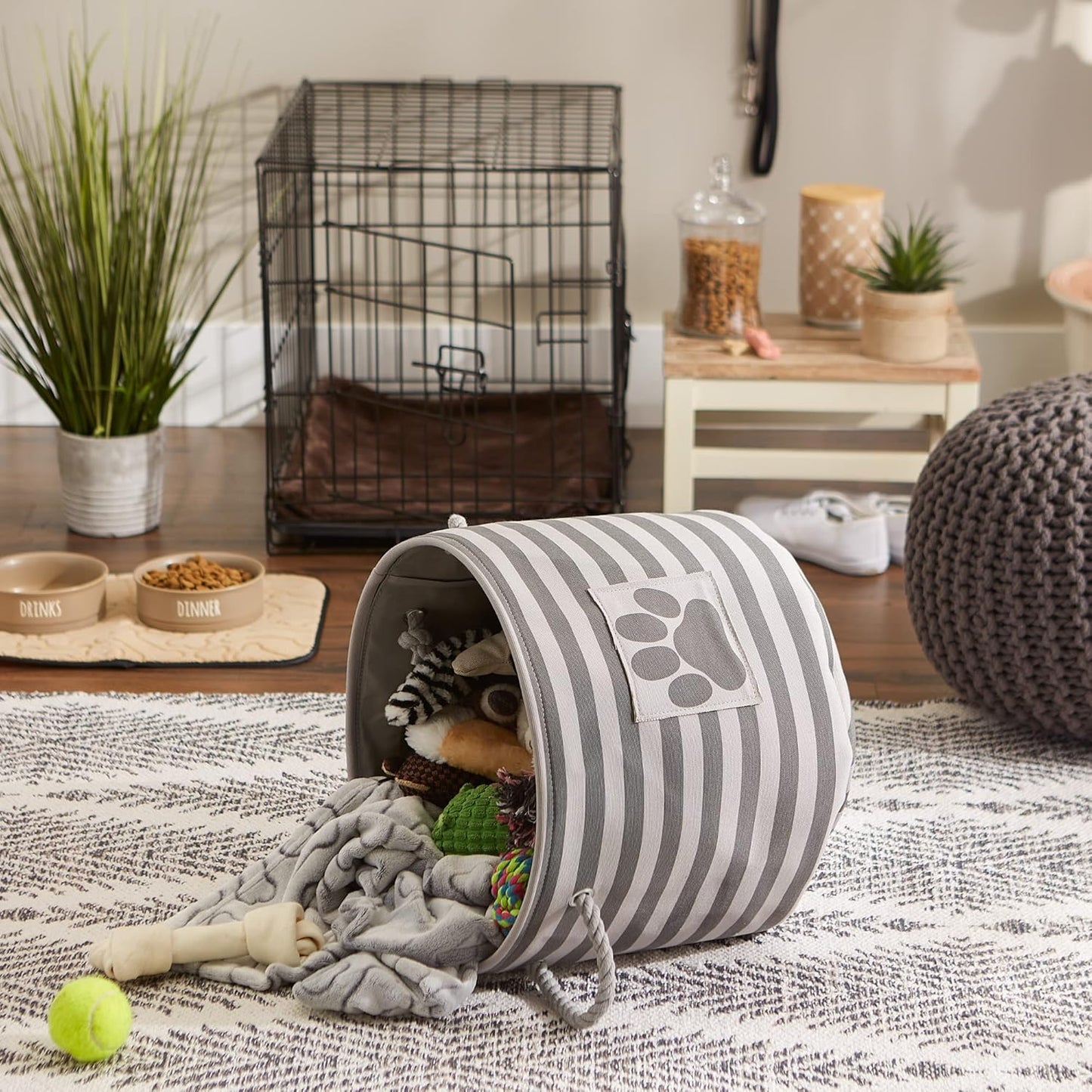 DII Bone Dry RoundSmall Pet Toy and Accessory Storage Bin, 12"(Dia) x9(H), Collapsible Organizer Storage Basket for Home Decor, Pet Toy, Blankets, Leashes and Food-Gray Stripes