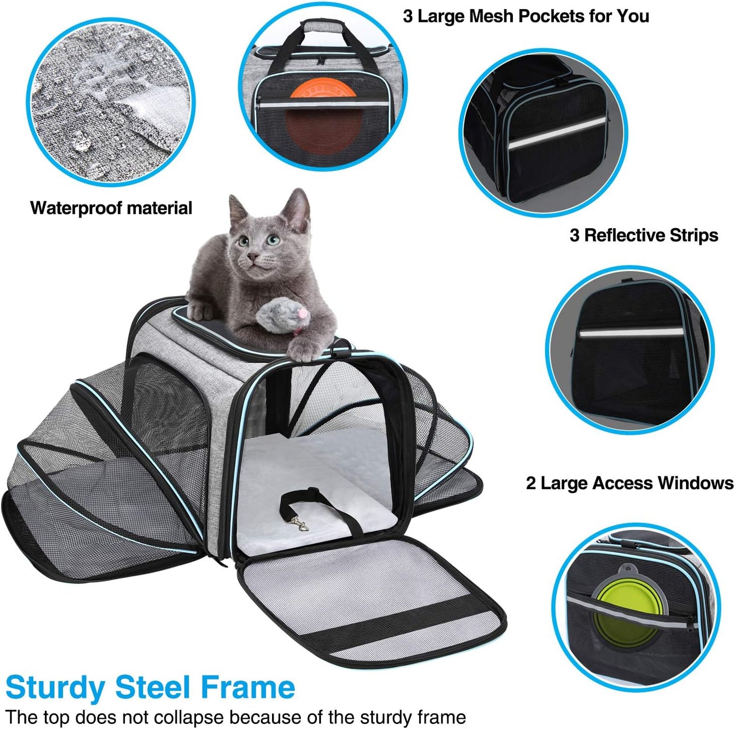 MASKEYON Airline Approved Portable Pet Carrier 2 Sides Expandable Soft-Sided Large Cats Carrier Collapsible Kennel Travel TSA Carrier 4 Doors with Removable Pads and 3 Pockets for Puppy Small Dogs