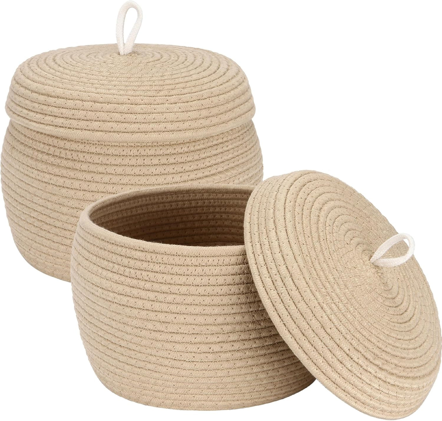 Sea Team Round Cotton Rope Storage Basket with Lid, Decorative Woven Storage Bin, Pot, Caddy, Organizer, Container for Snacks, Towels, Plants (Grey, Small)