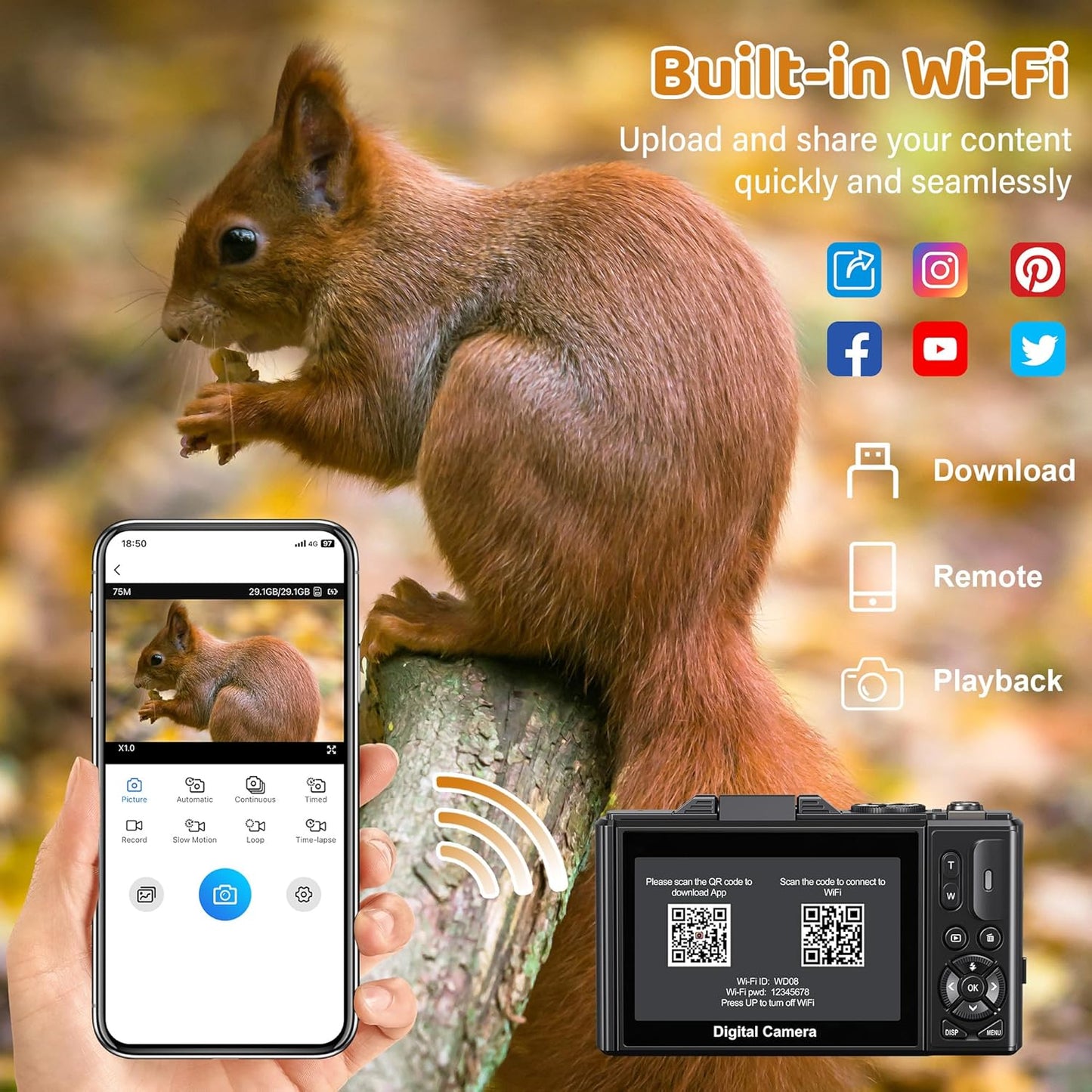 5K Digital Camera for Photography - WiFi 75MP UHD Vlogging Camera for YouTube - Autofocus Video Cameras with 3" 180° Flip Screen - Compact Vlog Travel Camara with 18X Zoom, 32GB SD Card, 2 Batteries
