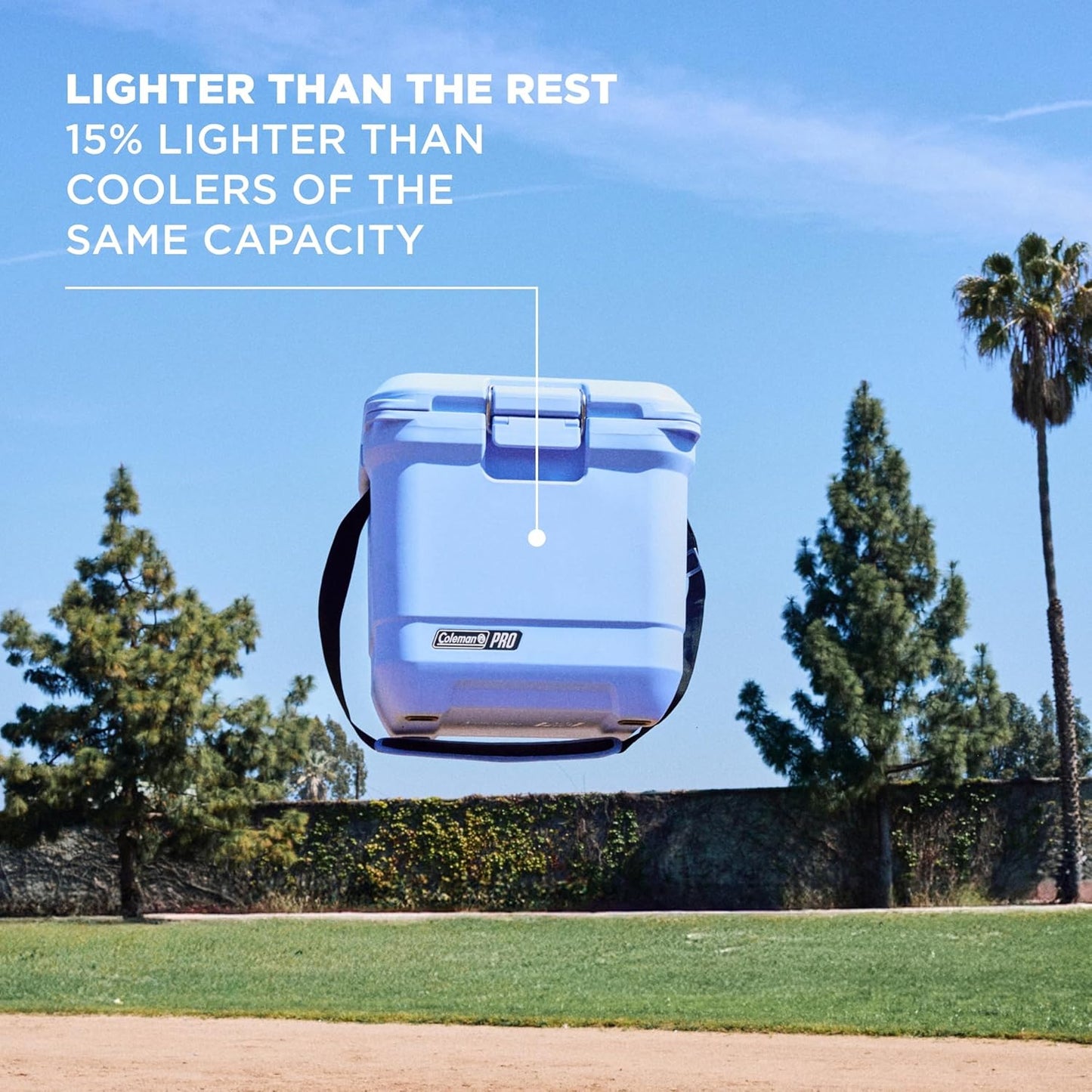 Coleman Pro Heavy-Duty Ultra-Light Premium Hard Cooler, 92/74/36-Can Capacity, Extra-Thick Insulation Keeps Ice up to 5/4/3 Days, 55-Quart Wheeled Cooler or 45/25 qt (No Wheels), Blue Sky