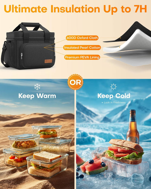 HOTOR Lunch Box for Men and Women - Leak-Proof Insulated Lunch Bag with Adjustable Shoulder Strap, Cooler Lunch Bag for Office, Picnic, Hiking, Beach, 1 Layer, Black, 11.0" x 7.1" x 8.3"