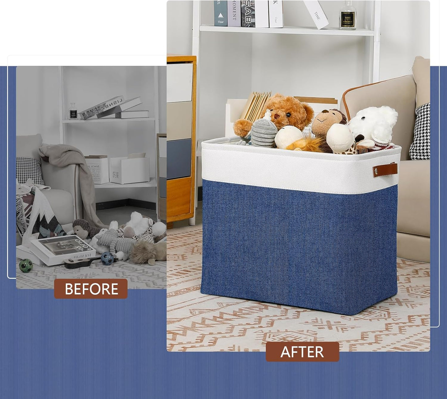 DULLEMELO Storage Baskets for Shelves, Fabric Collapsible Rectangular Storage Bins for Shelves, Closets, Nursery, Home, Office, Empty Gift Baskets (White&Teal)